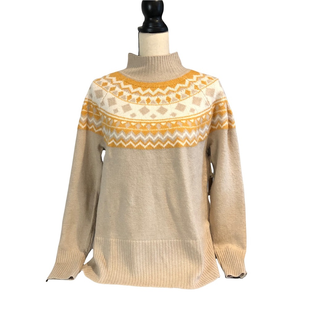 NWT Tahari Fair Isle Mock sweater in beige/mustard print size M